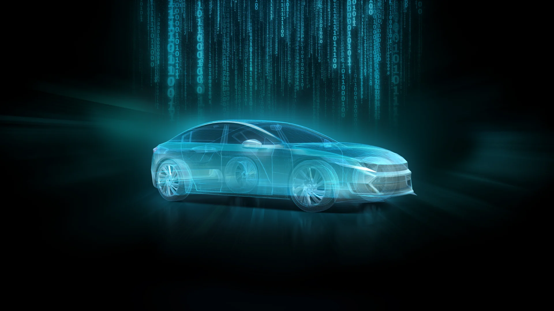 DRÄXLMAIER Key Visual. Türkises Auto vor einem schwarzen Hintergrund.