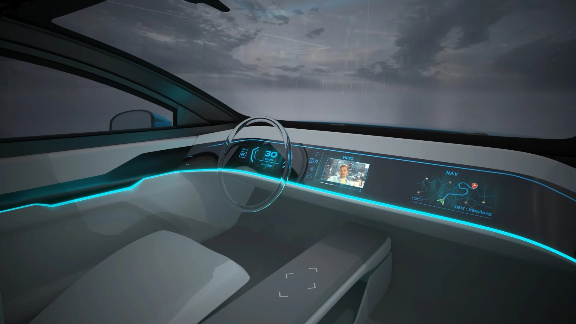 Futuristisches Auto mit digitalem Display und modernem Design.