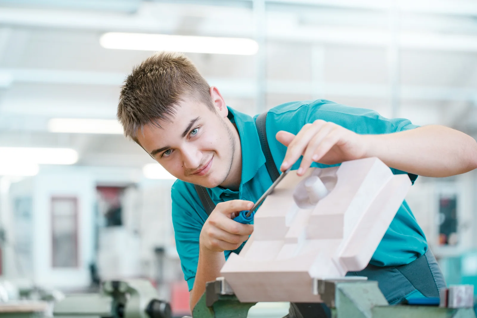 A young technical model maker in turquoise dungarees smiles at the camera. He is filing a workpiece.
