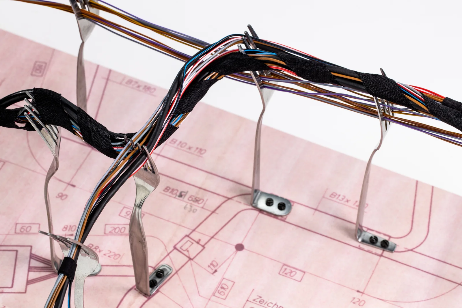 A close-up of cables being stretched over six forks.