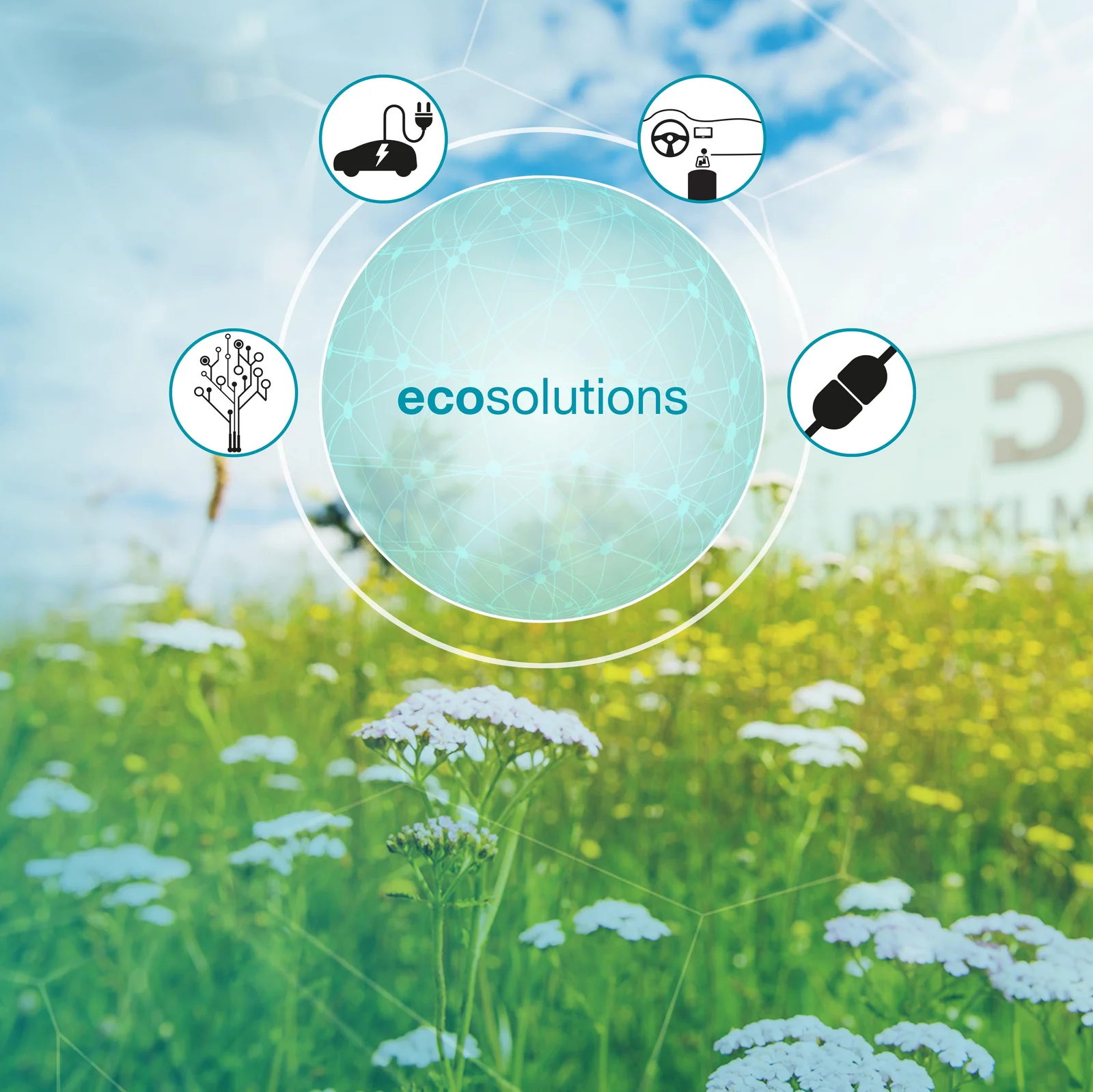 A graphic on the topic of "Sustainable solutions" with symbols for energy, mobility and digitalisation against a natural background.